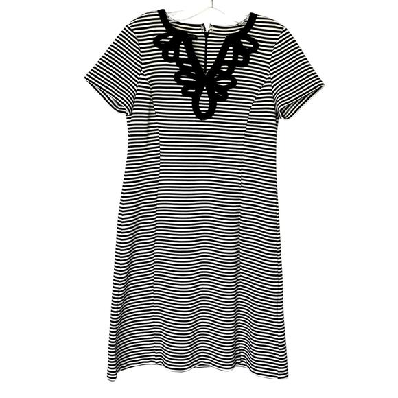 Talbots Dresses & Skirts - Talbots Wms Petite M Navy Cream Striped Shift Dress Embroidered Yoke Preppy
